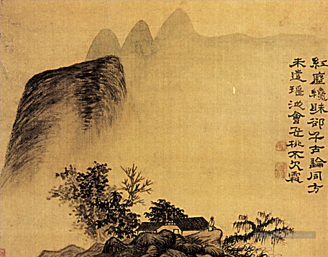 Shitao l’Ermitage au pied des montagnes 1695 vieille encre de Chine Peintures à l'huile